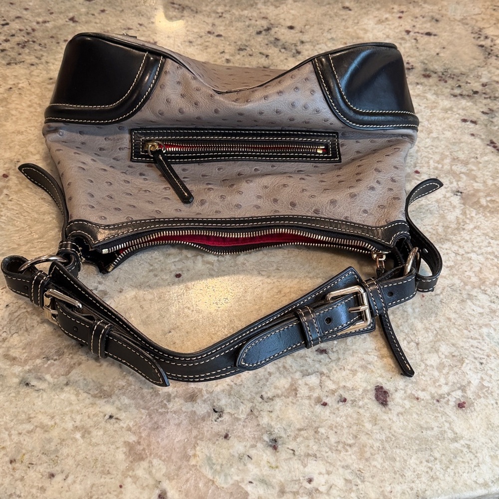 Dooney & Bourke gray and Black Ostrich-Embossed Shoulder Bag - Picture 2 of 9